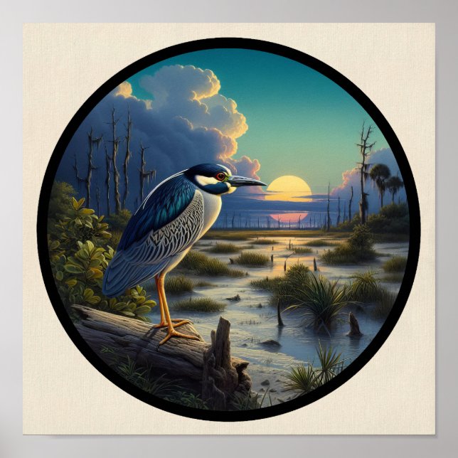 Poster Imagem circular 3D de um Héron Noturno Amarelo cor (Frente)