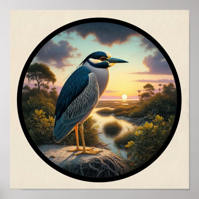 Poster Imagem circular 3D de um Héron Noturno Amarelo cor (Frente)