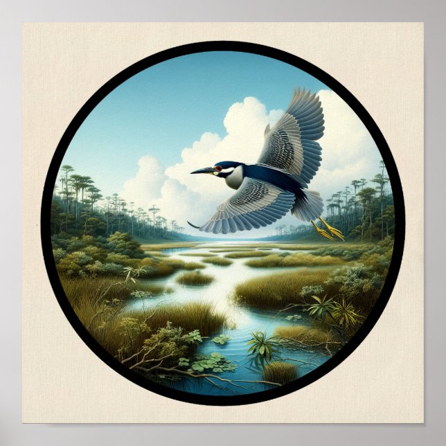 Poster Imagem circular 3D de um Héron Noturno Amarelo cor (Frente)