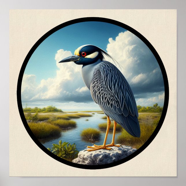 Poster Imagem circular 3D de um Héron Noturno Amarelo cor (Frente)