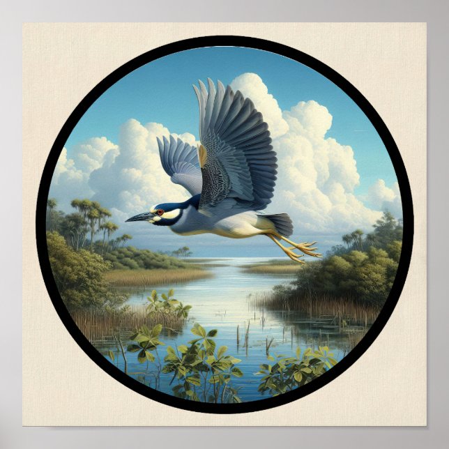 Poster Imagem circular 3D de um Héron Noturno Amarelo cor (Frente)