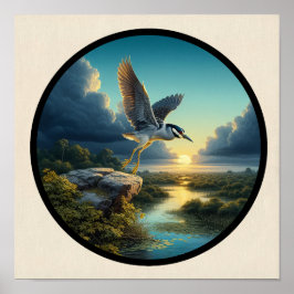 Poster Imagem circular 3D de um Héron Noturno Amarelo cor