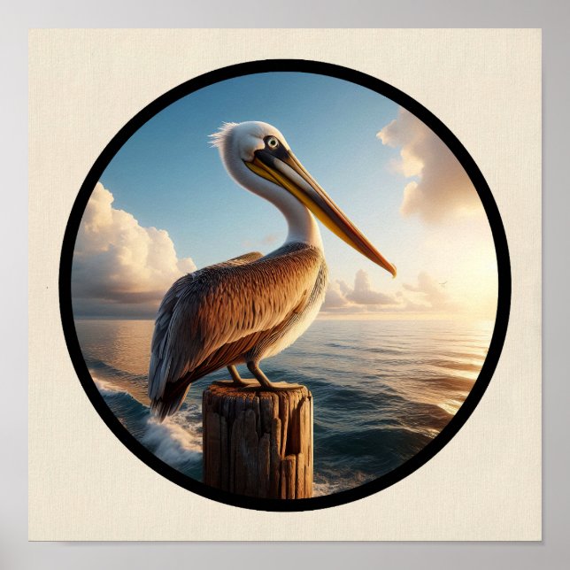 Poster Imagem circular 3D de um lindo Pelicano castanho (Frente)