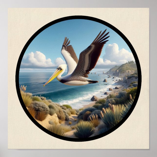 Poster Imagem circular 3D de um lindo Pelicano castanho (Frente)