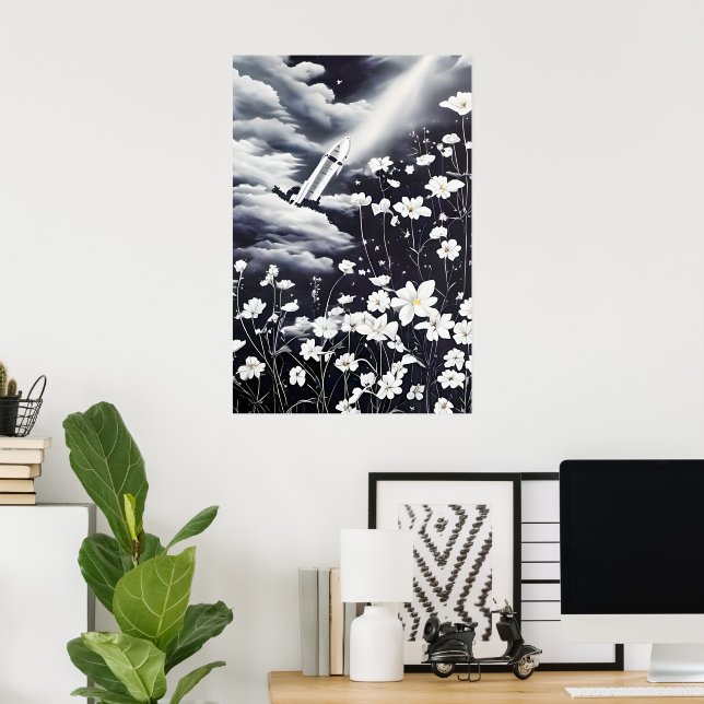 Poster Imagem de flores e foguete no céu (Escritório em casa)