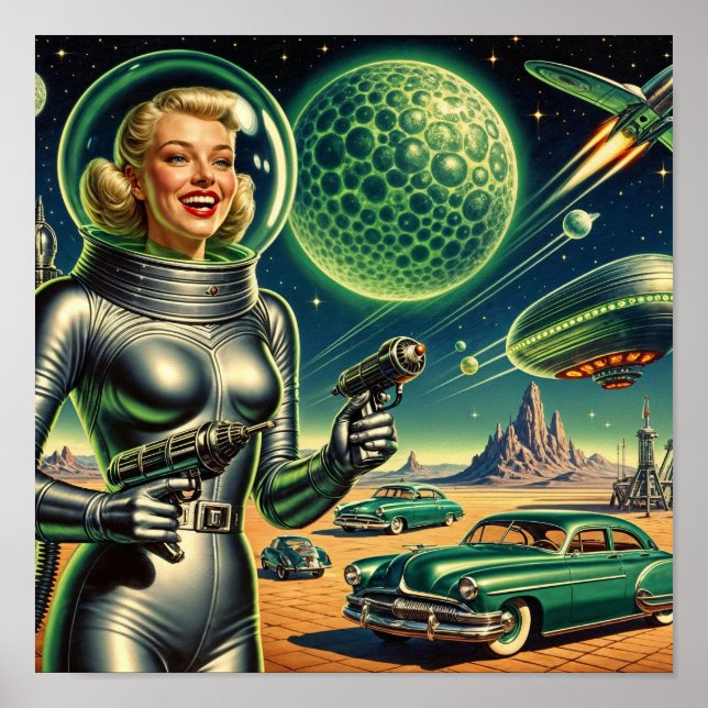 Poster Imagem de mulher com raio laser retrô (Frente)