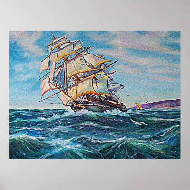 Poster Imagem de pôster de pintura a óleo de veleiro em á (Frente)