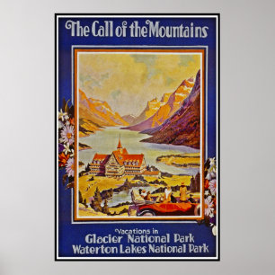 Póster Imagem de Viagem Retro Vintage Waterton Lakes para