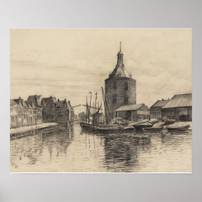Póster Imagem de vintage, desenho a lápis, porto de Enkhu (Frente)