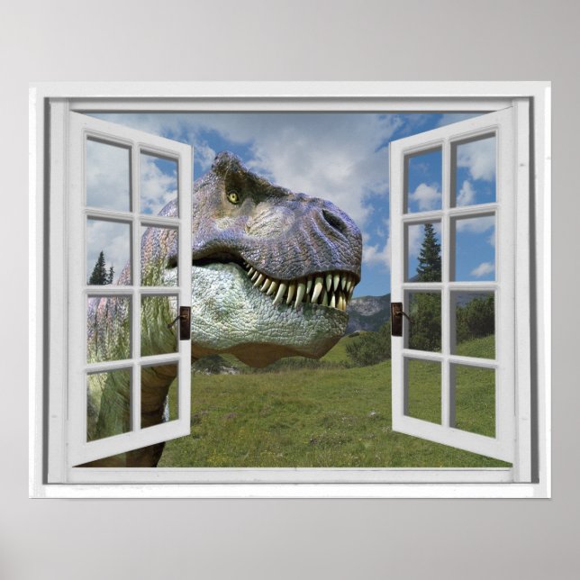 Póster Imagem do Dinossauro T-Rex Vista Janela Falsa (Frente)