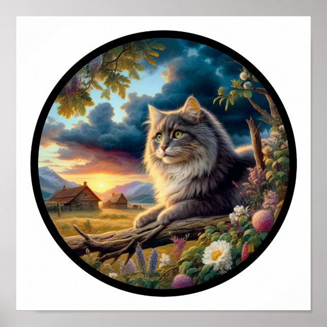 Poster Imagem em 3D circular de um gato de cabelos domést (Frente)
