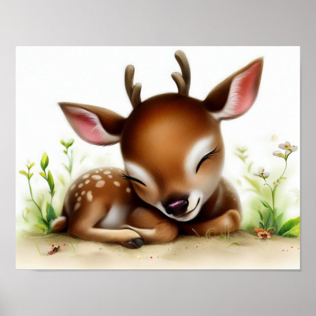 Poster Imagem em aquarela 3D de um Jovem Deer (Frente)