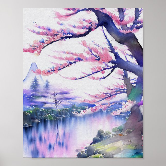 Poster Imagem impressionante da Aquarela Sakura Cherry Bl (Frente)