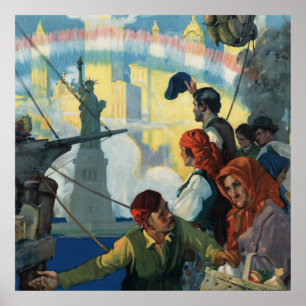 Póster Imigrantes e os trabalhos de arte da estátua da