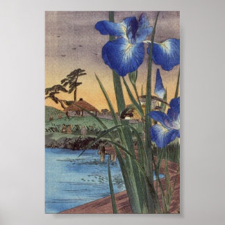 Poster Imiris azuis ukiyo-e e cena de pássaros