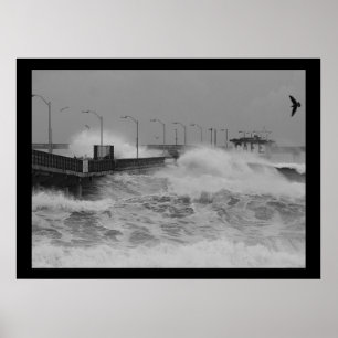 Poster Impacto de B&W de uma onda de oceano feroz da