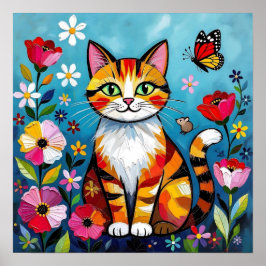 Poster Impasto Cat, Flowers & Butterfly