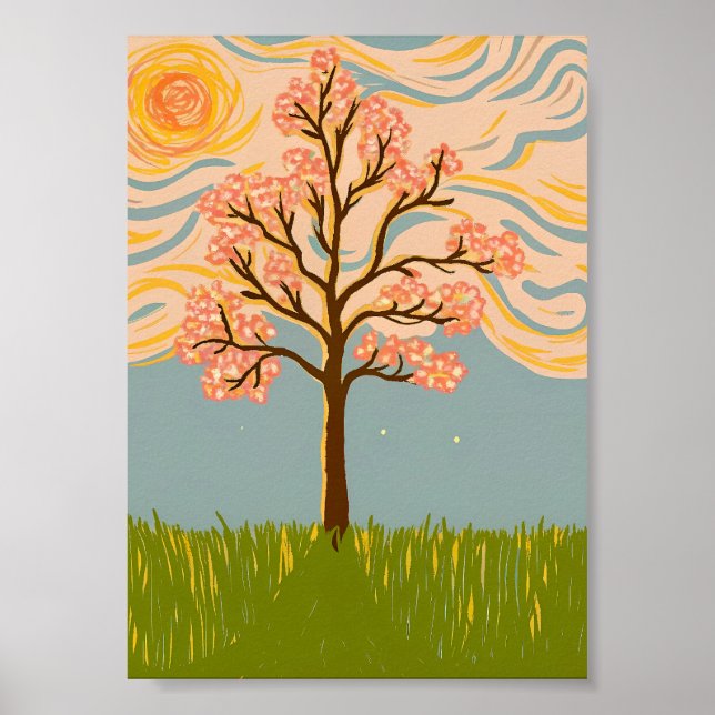 Poster Impasto Cherry Blossom Tree Swirling Starry Sky  (Frente)