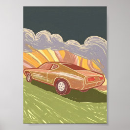 Poster Impasto Retro Muscle Car Swirling Road Sunset Art 