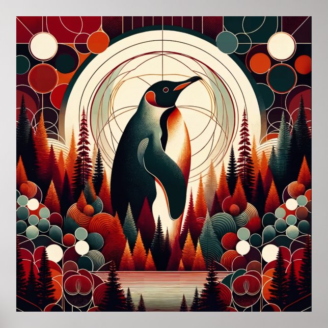Poster Imperador de Laranja Vermelho Pinguim - Árvore Ret (Frente)