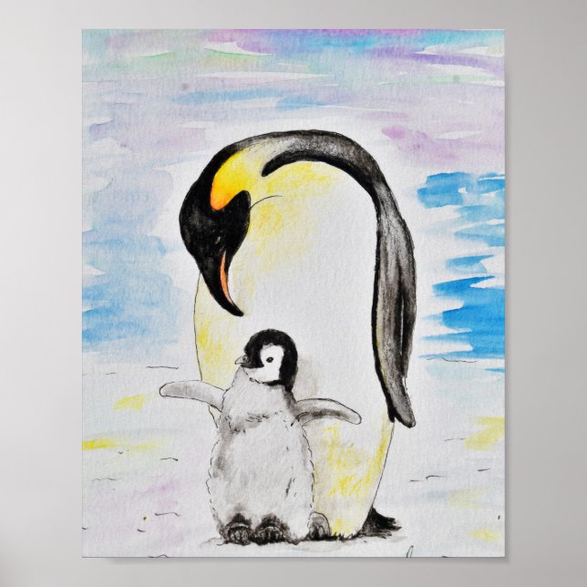 Poster Imperador Penguin e pintura de aquarela de Pintinh (Frente)