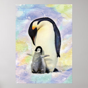 Poster Imperador Pinguim com Pintinho Bebê Arte Aquarela