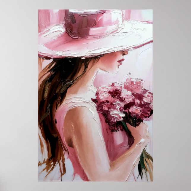 Poster Impr,Romântica Mulher com Flores – Tons Rosa Suave (Frente)