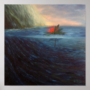 Póster Impressão: Flor Vermelha de Pohutukawa no mar azul