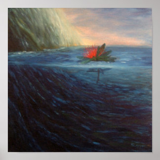 Póster Impressão: Flor Vermelha de Pohutukawa no mar azul