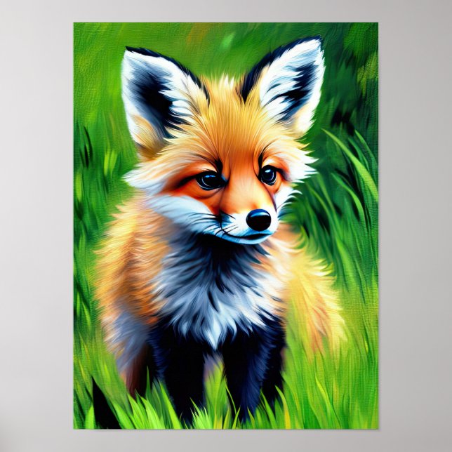 Poster Impressionista Bebê Raposa na Floresta (Frente)