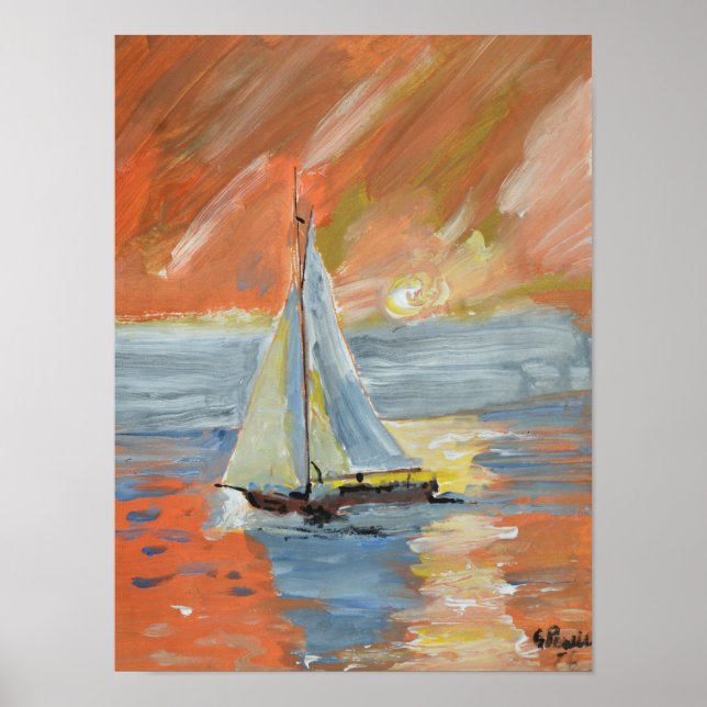 Poster Impressionista do veleiro do pôr do sol dourado (Frente)