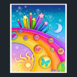 Poster, Impressões - Pop de Arte Sessenta Céu<br><div class="desc">Um estilo brilhante e colorido de sessenta anos retro pop de um céu da manhã até a noite com estrelas,  lua,  sol e arco-íris.</div>