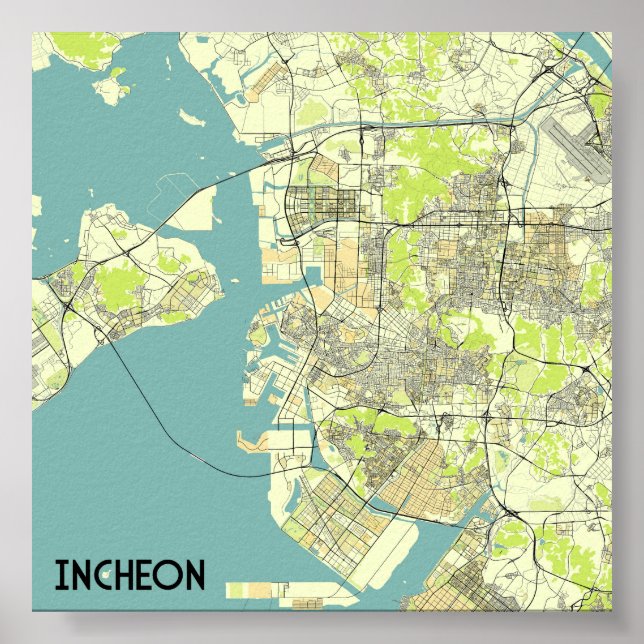 Poster Incheon, mapa da Coreia do Sul (Frente)