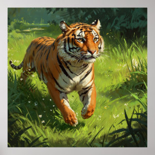Poster Incrível Tigre Correndo na Pintura Selvagem