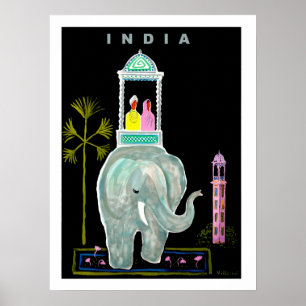 Poster Índia, casal montando em elefante azul, pintura
