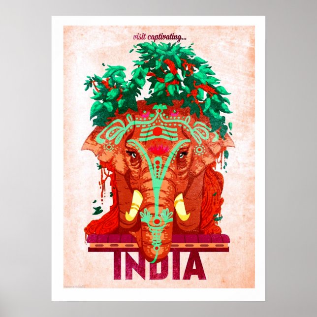 Poster Índia, elefante vermelho, pôster de viagem vintage (Frente)