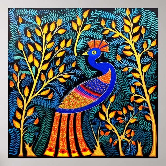 Poster Índia Gond Art Peacock Black | Arte da Índia (Frente)