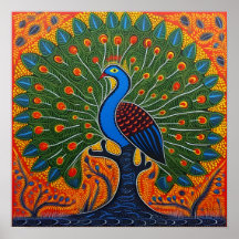 Índia Gond Art Peacock Orange | Arte da Índia