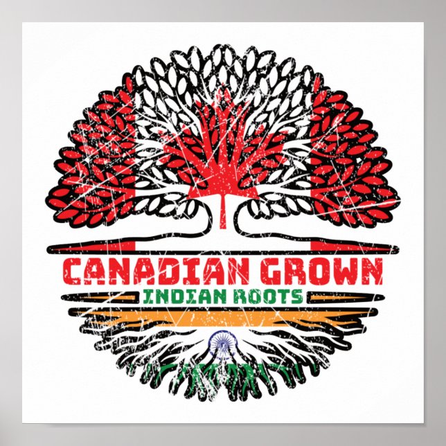 Poster Índia, Índia, Canadá, Bandeira de Raízes de Árvore (Frente)