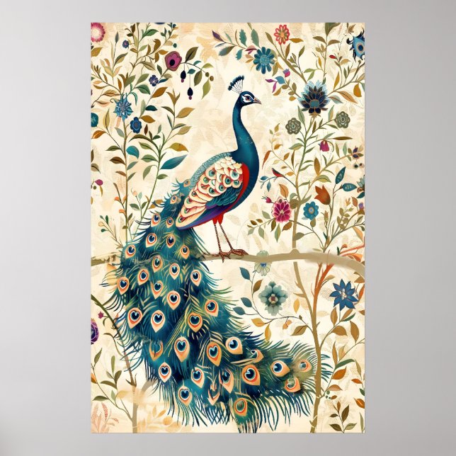 Poster Indian Peacock Art Print Botanical Bird (Frente)