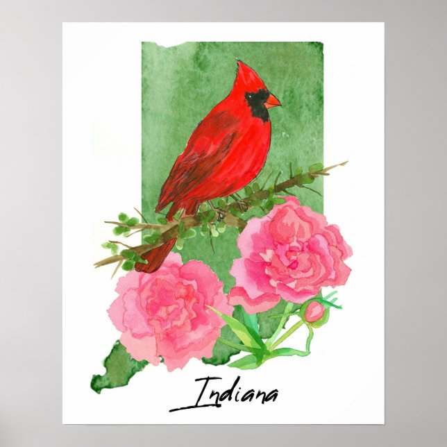 Poster Indiana State Shape Hoosiers Cardinal Peonies  (Frente)