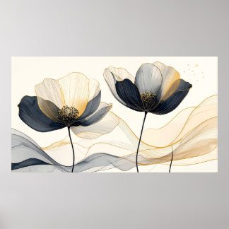 Poster Índigo Celestial e Flor de Ouro: Minimalista Moder