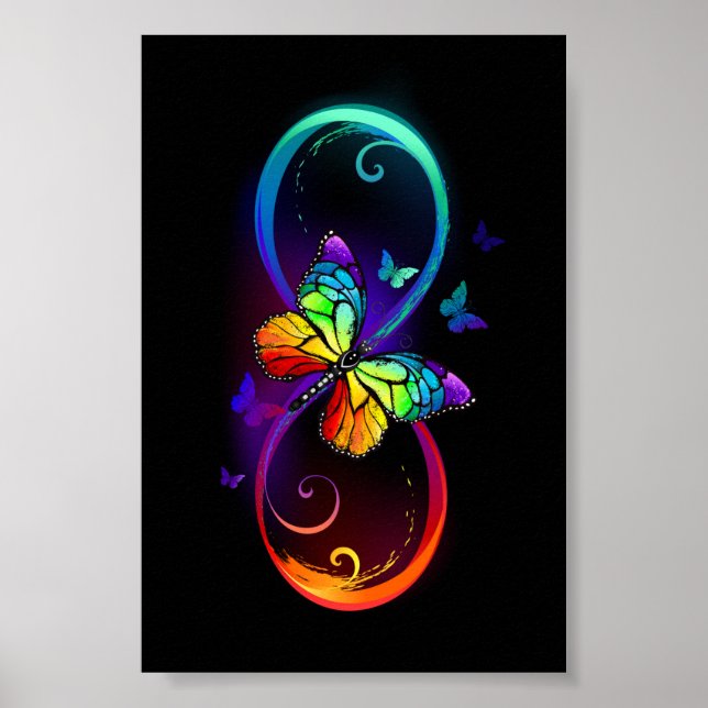 Poster Infinidade vibrante com borboleta arco-íris a pret (Frente)