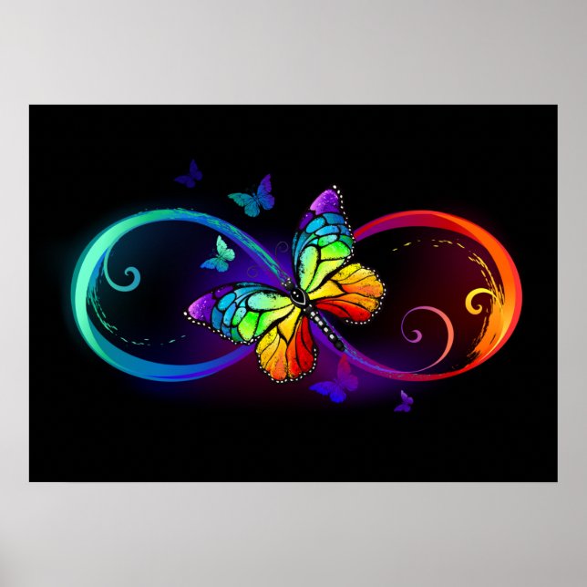 Poster Infinidade vibrante com borboleta arco-íris a pret (Frente)