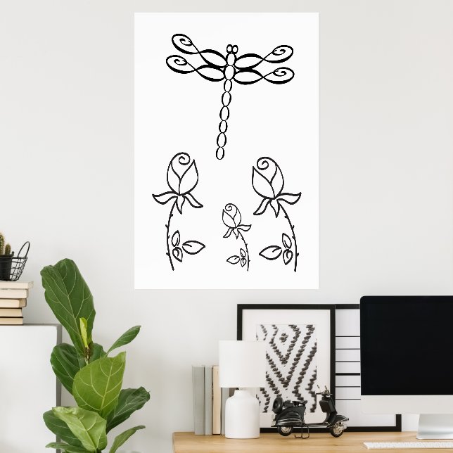 Poster Infinity Dragonfly with Roses Black and White (Escritório em casa)
