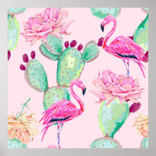 Poster Inflamingo rosa, aves exóticas, flores suaves, ros