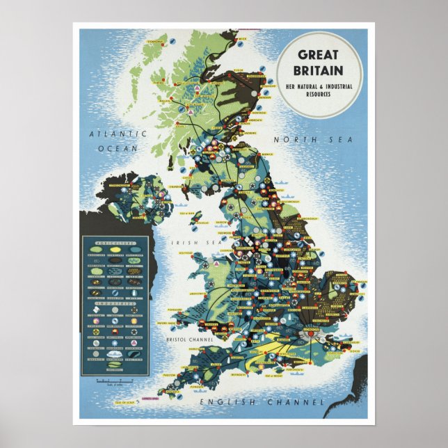 Poster Inglaterra - Mapa Agrícola ~ Viagens vintage (Frente)