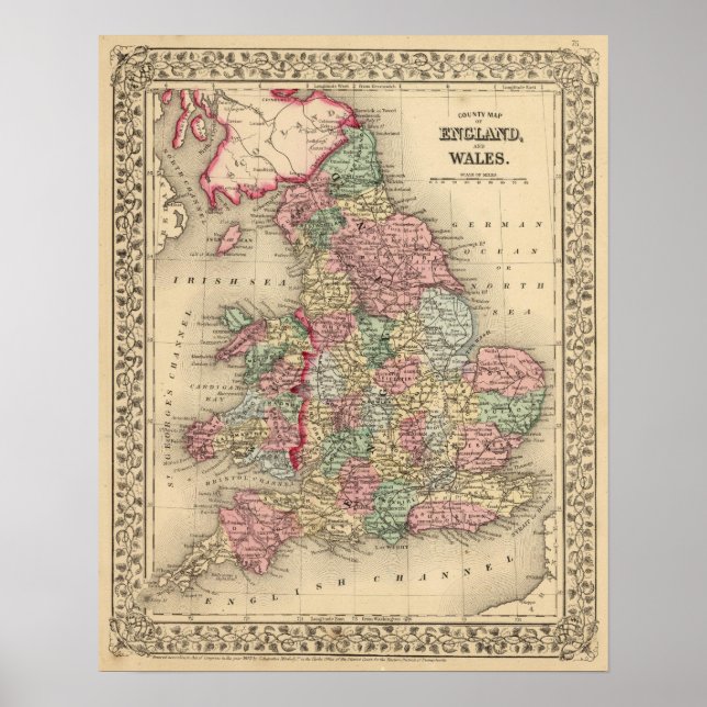 Póster Inglaterra, Mapa do País de Gales por Mitchell (Frente)
