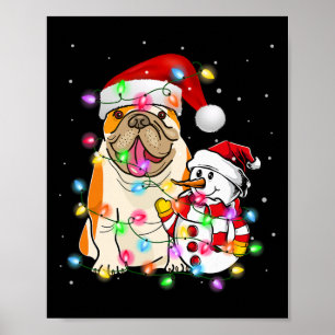 Poster Inglês Buldogue Cachorro Snowman Santa Hat Lights