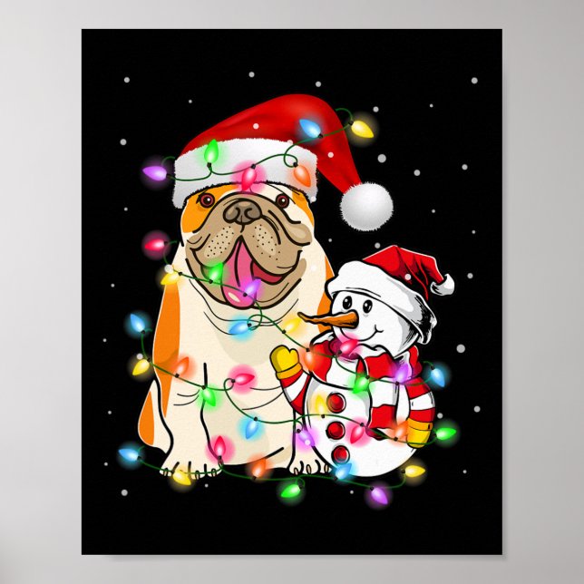 Poster Inglês Buldogue Cachorro Snowman Santa Hat Lights (Frente)